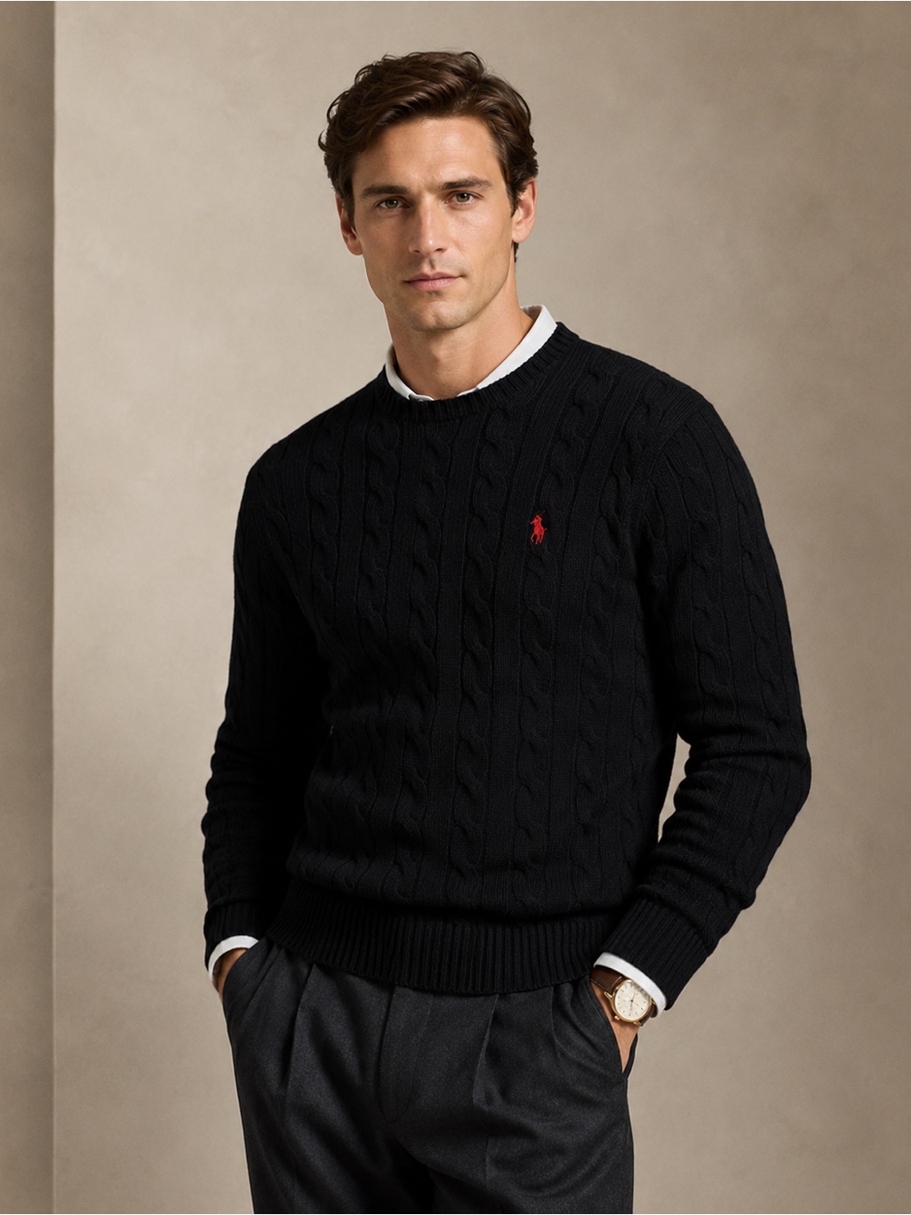 Polo Ralph Lauren Men’s Cable Knit Cotton Sweater Black With Red Pony Size Xl